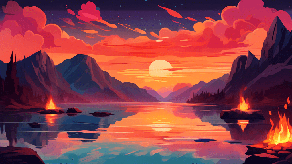 An ethereal landscape at twilight where the four elements merge: a serene lake reflecting the fiery sunset, a rocky terrain symbolizing earth, wisps of clouds embodying the sky, and a campfire by the 