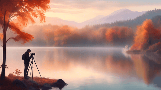 Create an ethereal digital painting of a serene lake at dawn, with soft sunlight piercing through a misty atmosphere. The landscape includes a photographer in the foreground, setting up a tripod and c