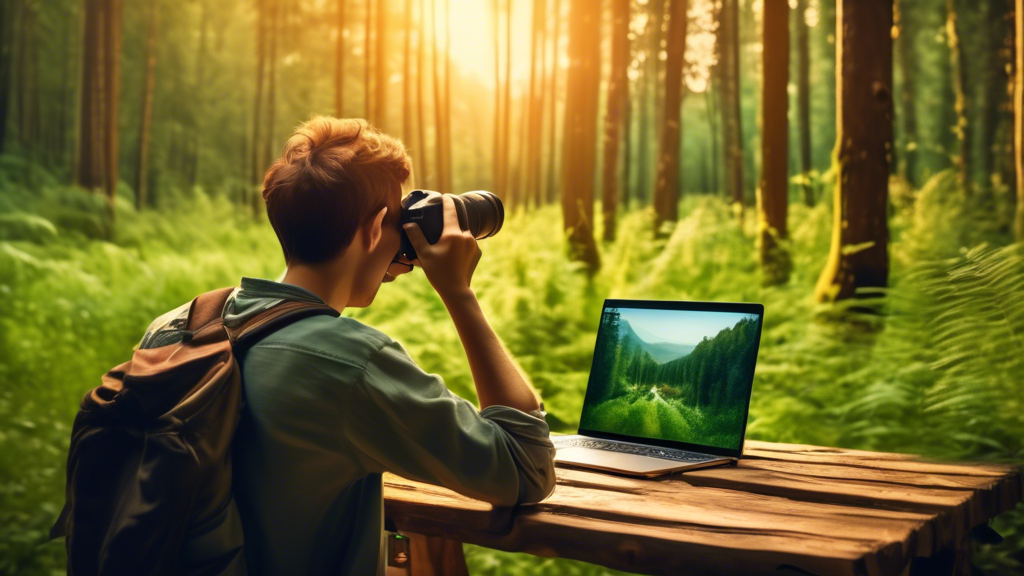 An image of a young photographer, with a digital camera, taking breathtaking landscape photographs in a lush green forest during golden hour, with a laptop displaying a tutorial website on how to sell