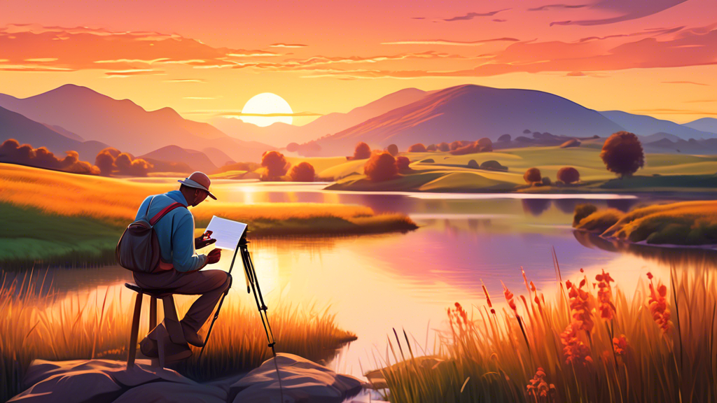 An idyllic landscape scene showcasing a master photographer at work, set during golden hour with a picturesque backdrop featuring rolling hills, a serene lake, and a vibrant sunset. The photographer, 