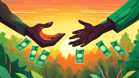 A tranquil landscape photograph capturing a vibrant sunset over a lush green forest, with a transparent overlay of hands exchanging money, symbolizing the support for philanthropy through the purchase