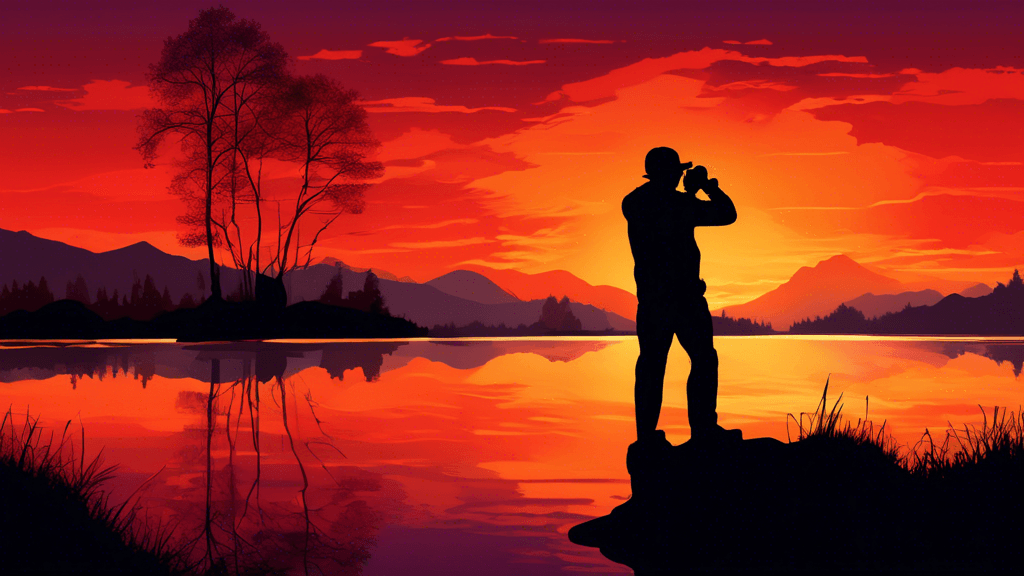 Create an image of a photographer silhouetted against a vibrant sunset, with vivid colors reflecting on a calm lake, surrounded by mountains. The photographer adjusts their camera on a tripod, capturi