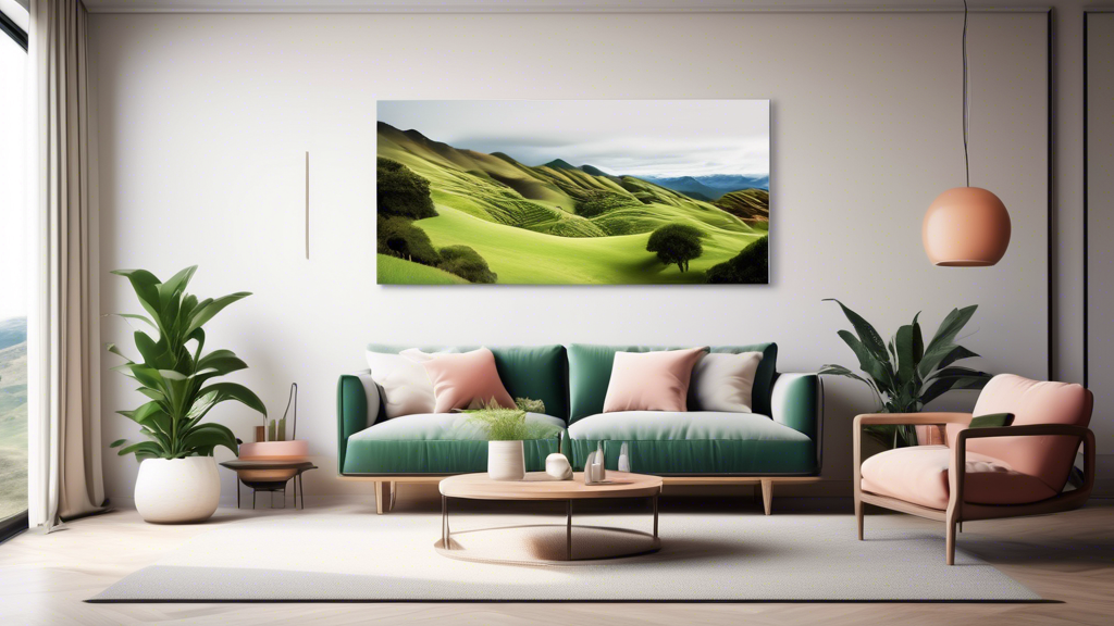 Beautiful and serene fine art landscape print depicting a majestic view of New Zealand's Aotearoa region, showcasing rolling hills, lush greenery, and dramatic skies, in a modern, minimalist living ro