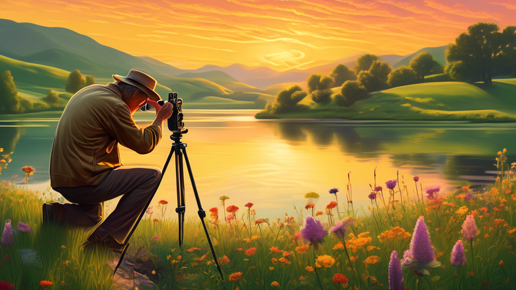 A serene landscape photograph capturing the golden hour with a detailed depiction of a seasoned photographer adjusting a vintage camera on a tripod, set amidst rolling green hills, a tranquil lake ref