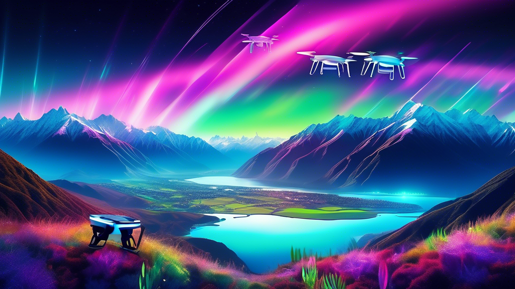 Stunning futuristic landscape of New Zealand showcasing advanced photography drones and holographic imaging technology, with a breathtaking view of the Southern Alps featuring vibrant auroras and bio-