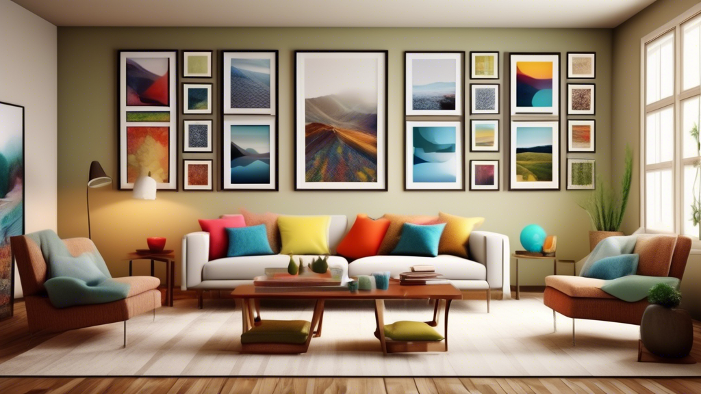 An elegantly decorated living room with various creative displays of landscape photographs, including a large photo printed on a hanging fabric, several small framed photos arranged in a geometric pat