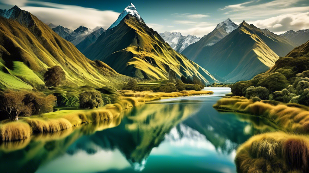 Create an ultra-high-definition image of a vibrant New Zealand landscape printed on a sleek, polished metal surface. The scenery includes dramatic mountains, lush green valleys, crystal-clear lakes, a