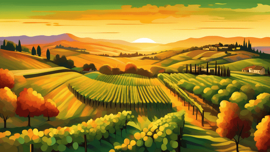 An aerial view of a sprawling vineyard transitioning from summer to autumn, showcasing a gradient of vibrant green to rich golden hues, with a picturesque sunset in the background, highlighting the su