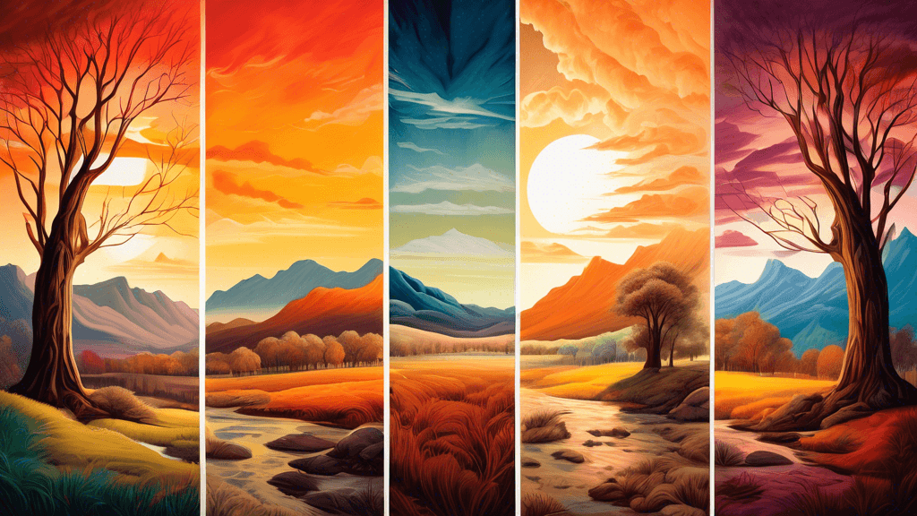 An artist painting a majestic landscape on a canvas, divided into sections showing different times of day and lighting conditions, illustrating contrast techniques in stunning natural environments.