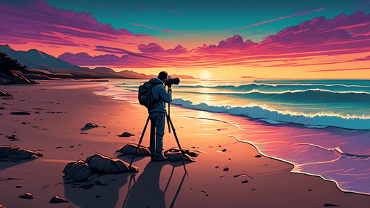 Serene New Zealand coastline at sunset, featuring a photographer with a camera on a tripod, capturing the vibrant sky and gentle waves, with detailed focus on photography equipment and natural coastal