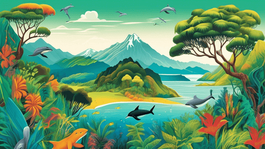 Vibrant illustration of the diverse ecosystems in New Zealand, featuring lush rainforests, coastal reefs, alpine environments, and rolling grasslands, with native wildlife such as kiwis and dolphins.