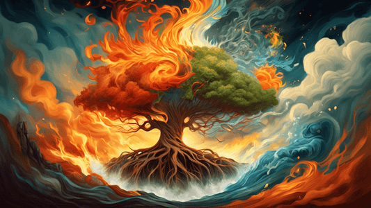 Create a surrealistic digital painting where the four elements of nature—earth, air, fire, and water—are harmoniously integrated into one cohesive and visually striking scene. The composition should i