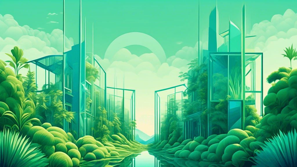 An ethereal digital artwork showcasing a seamless blend of lush green natural landscape and modern architectural structures, illustrating the harmony between flora and geometric design elements, under