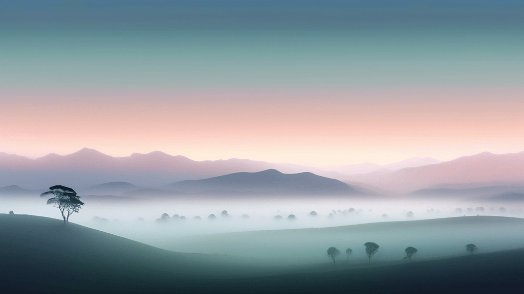 An ethereal New Zealand landscape at dawn, covered in a thick layer of mist and fog, highlighting the serene and mystical environment, with rolling hills subtly visible and silhouettes of distant tree