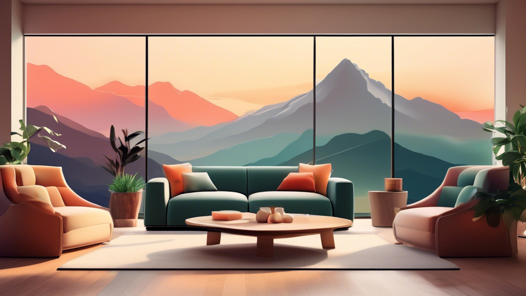 An elegant living room featuring large windows with a panoramic view, decorated with oversized landscape wall art depicting a serene mountain scene at sunset, complemented by modern minimalist furnitu
