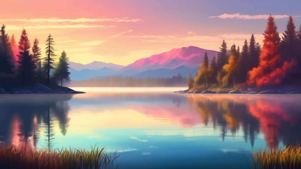 Serene early morning landscape, a crystal-clear lake reflecting a vibrant sunrise, surrounded by a tranquil forest and distant mountains, hint of mist hovering over the water, rich colors and detailed