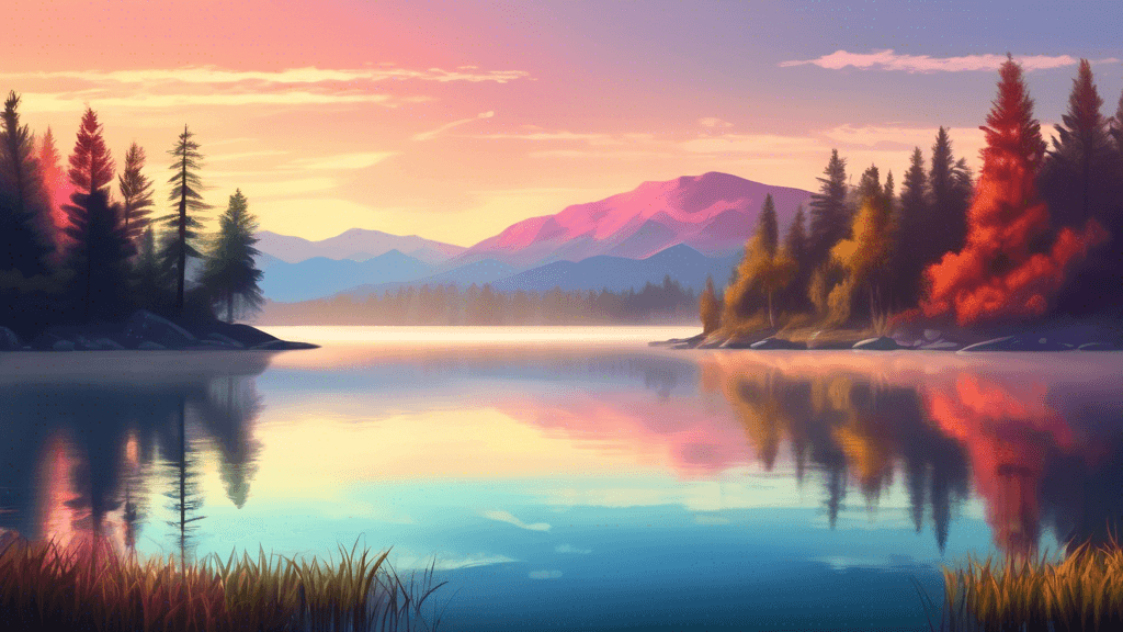 Serene early morning landscape, a crystal-clear lake reflecting a vibrant sunrise, surrounded by a tranquil forest and distant mountains, hint of mist hovering over the water, rich colors and detailed