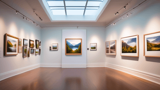 An elegant art gallery with white walls, displaying various breathtaking landscape photographs in stylish frames. Each photograph showcases diverse natural sceneries, from lush green forests and tranq