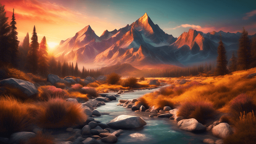 A landscape photograph capturing a majestic mountain range during golden hour, with perfect use of the rule of thirds, leading lines from a crystal-clear stream in the foreground, and a dynamic range 