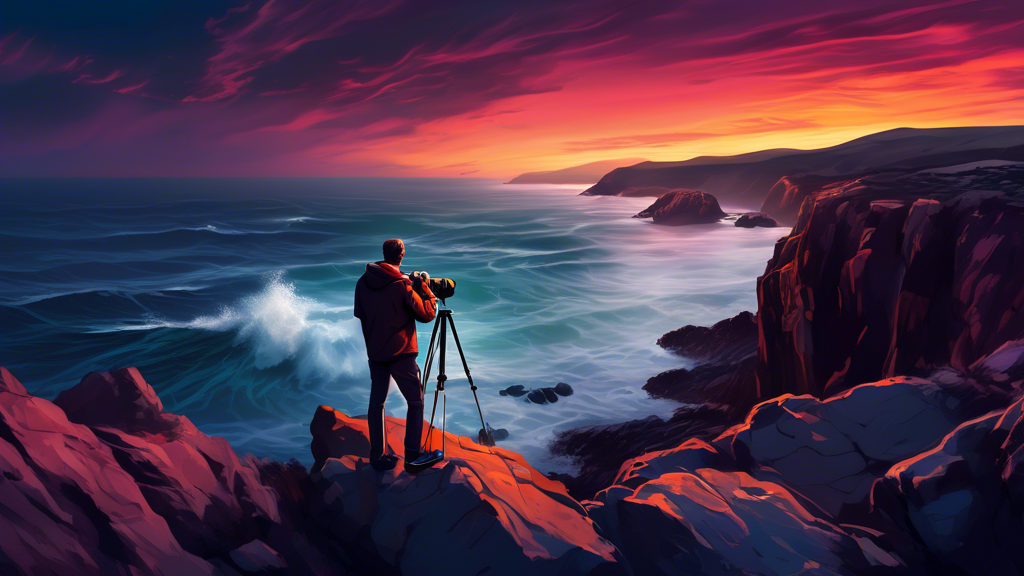 Create an image of a photographer at twilight on a rugged coastal landscape, with a dramatic sky and the ocean in the background. The photographer is on a cliff, with a tripod and camera aimed at capt