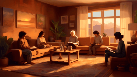 An artistic depiction of a serene living room with walls painted in rich earth tones, featuring a diverse group of people of different ages, each engaged in a different relaxed activity, such as readi