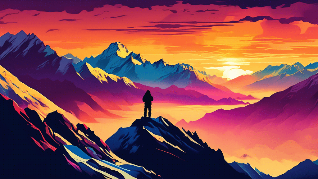 A breathtaking sunset over the Himalayas, casting golden hues on snow-capped peaks and shadowy valleys, with a photographer silhouetted against the vibrant sky, adjusting a camera on a tripod.