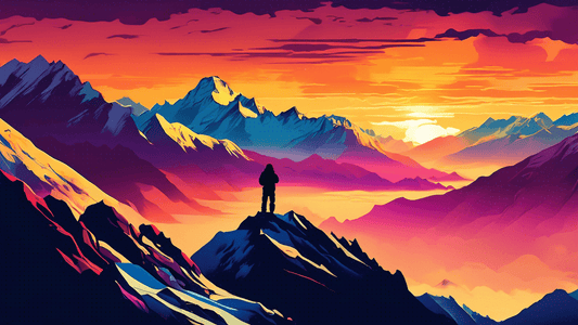 A breathtaking sunset over the Himalayas, casting golden hues on snow-capped peaks and shadowy valleys, with a photographer silhouetted against the vibrant sky, adjusting a camera on a tripod.