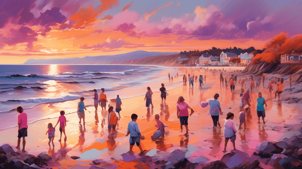 An enchanting, panoramic view of a vibrant coastal scene at sunset, capturing the dynamic movement of high tides against a rocky shoreline, with a diverse group of people of different ages and backgro