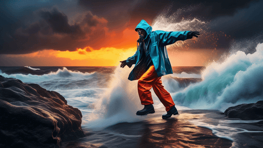 Captivating image of a professional photographer dressed in rain gear, balancing on a rocky shore, camera in hand, capturing the intense dance of towering ocean waves during a stormy sunset, with vibr