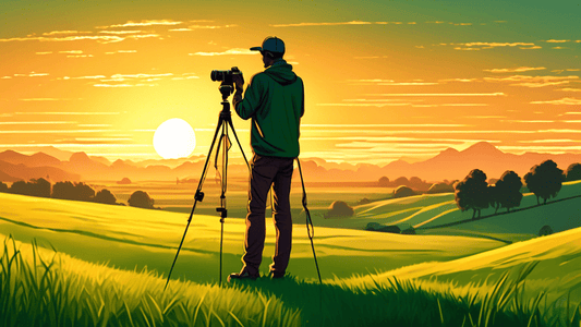 Stunning landscape at sunrise, featuring a perfect balance between the golden sky and the detailed, lush green meadow, with a photographer adjusting a camera on a tripod, focusing along the sharp hori