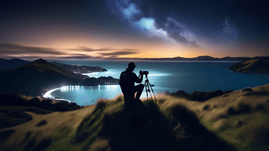 Create a breathtaking image of a photographer on a hill in New Zealand, capturing the vibrant and star-filled night sky with a professional camera on a tripod. Include the silhouette of the photograph