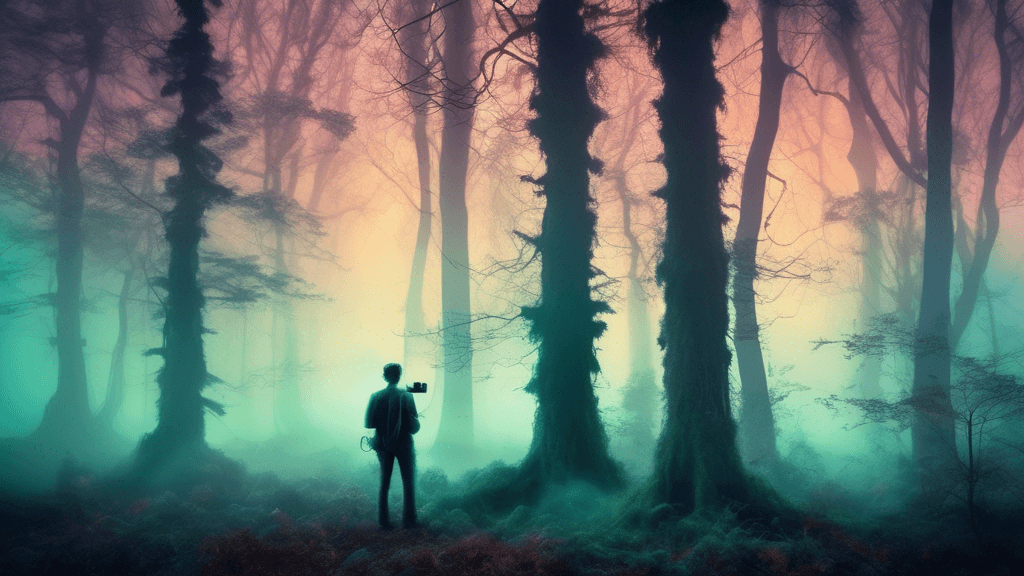 An enchanting forest at twilight, filled with ancient trees and a mysterious fog, with a photographer setting up a vintage camera on a tripod, capturing ghostly light trails that weave through the woo