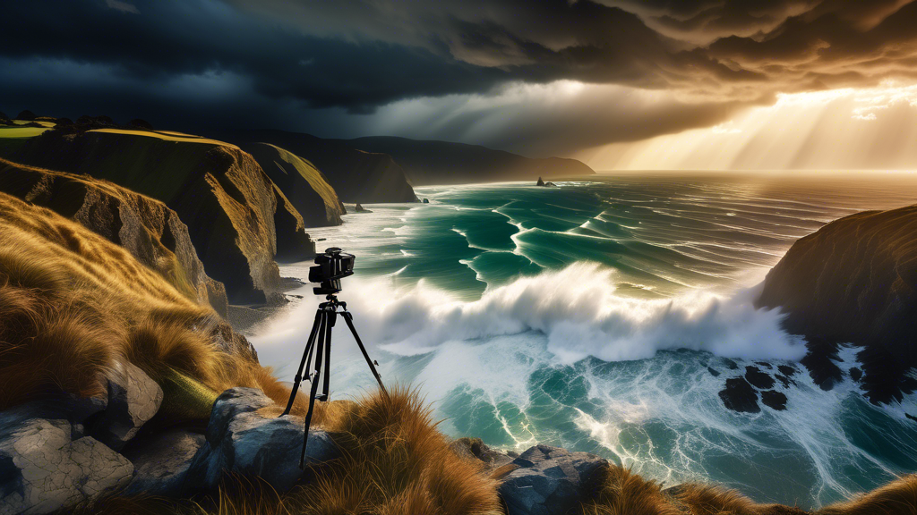 An artistically composed landscape photograph showcasing a professional photographer, with a tripod and camera, capturing the dynamic and ever-changing weather conditions over a dramatic New Zealand c