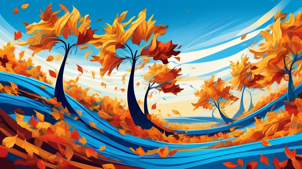 Digital artwork of a surreal landscape where trees are bent dramatically by a visible gust of wind, forming elegant, wavy shapes while colorful autumn leaves swirl in the air, under a bright, clear bl