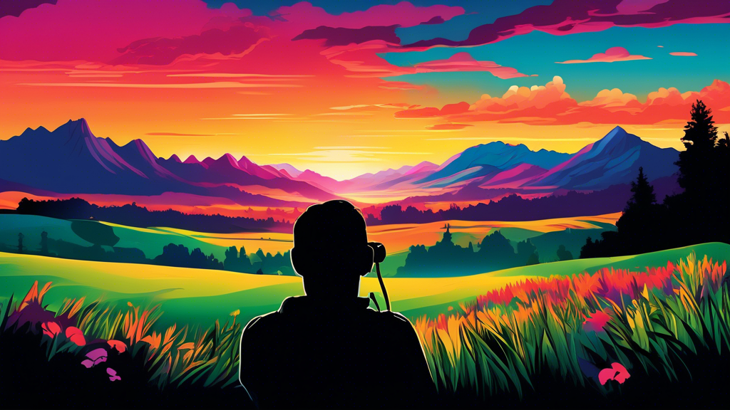An artistic representation of a photographer, in silhouette, capturing a breathtaking landscape at sunrise, with the foreground featuring a lush, vivid meadow and the background dominated by dramatic 
