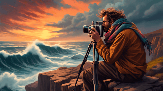 An artist beside a rugged cliff, setting up a vintage camera on a tripod, with hair and scarf blowing in the strong wind, dramatic clouds above, and a breathtaking view of the ocean waves crashing bel