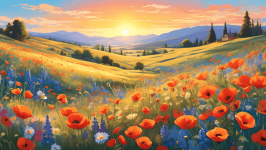 An expansive meadow under a clear blue sky at sunrise, densely packed with a vibrant array of wildflowers including poppies, daisies, and lupines, with distant rolling hills and a soft, golden sunligh