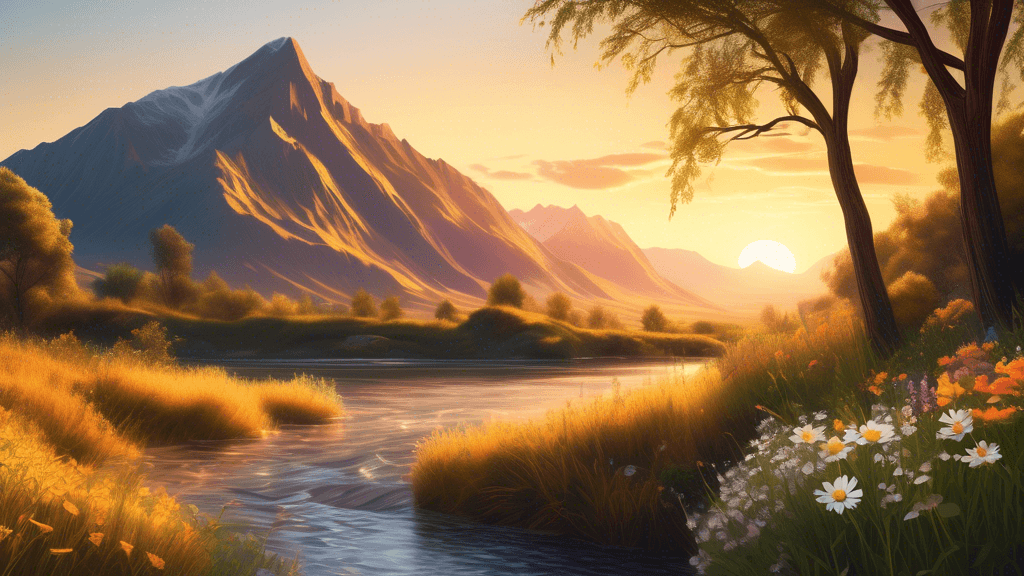 An artistically composed landscape photograph showing a golden hour scene, with leading lines created by a river leading to a distant mountain, framed by overhanging branches on the top and wildflower