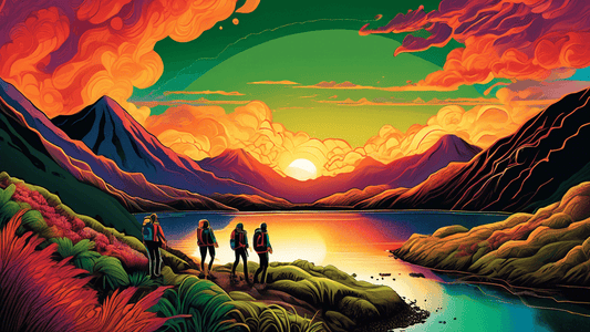 Create an artwork portraying a group of adventurous hikers exploring the vibrant and contrasting volcanic landscape of New Zealand, with a focus on a dramatic sunset behind the steaming crater of an a