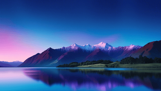 Stunning landscape of New Zealand's mountains and lakes during the blue hour, with soft, surreal lighting and vivid colors highlighting the serene beauty of nature, capturing a twilight photography sc