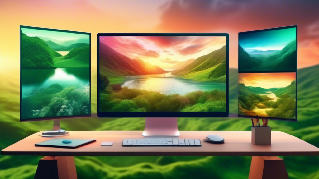 Digital artist creating a beautiful landscape photo montage on a futuristic computer interface, with visible online marketplace platforms on the screen displaying sold photographs, amidst the backdrop