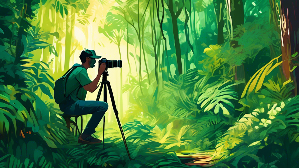 An artist with a camera on a tripod, taking photos in a lush, dense forest bathed in magical sunlight filtering through the thick canopy, highlighting an array of vibrant green hues and intricate text