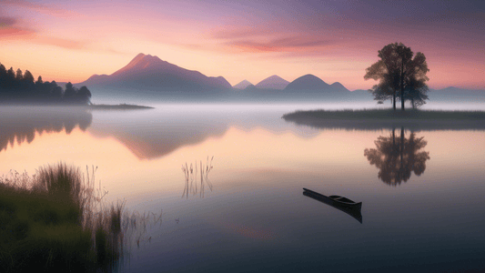 Create a serene and breathtaking landscape photograph showcasing a peaceful scene at sunrise. Include elements such as a still lake reflecting the colors of the dawn sky, mist rising gently from the w