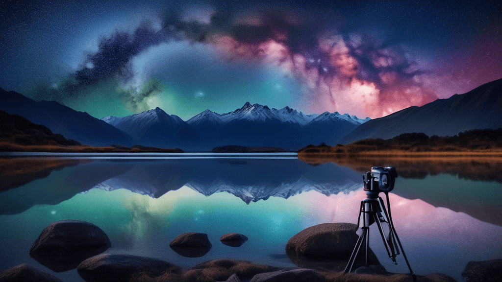 Starry night sky over a pristine lake in New Zealand's wilderness, with mountains in the background and a lone photographer setting up a tripod on the shore, captured under the Milky Way galaxy's lumi