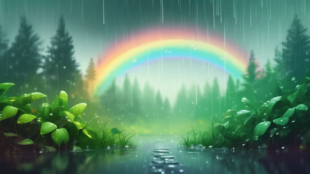 Serene landscape photography in a misty forest during a gentle rain, highlighting droplets on vibrant green leaves and deep, moody background with a faint rainbow in the distance.