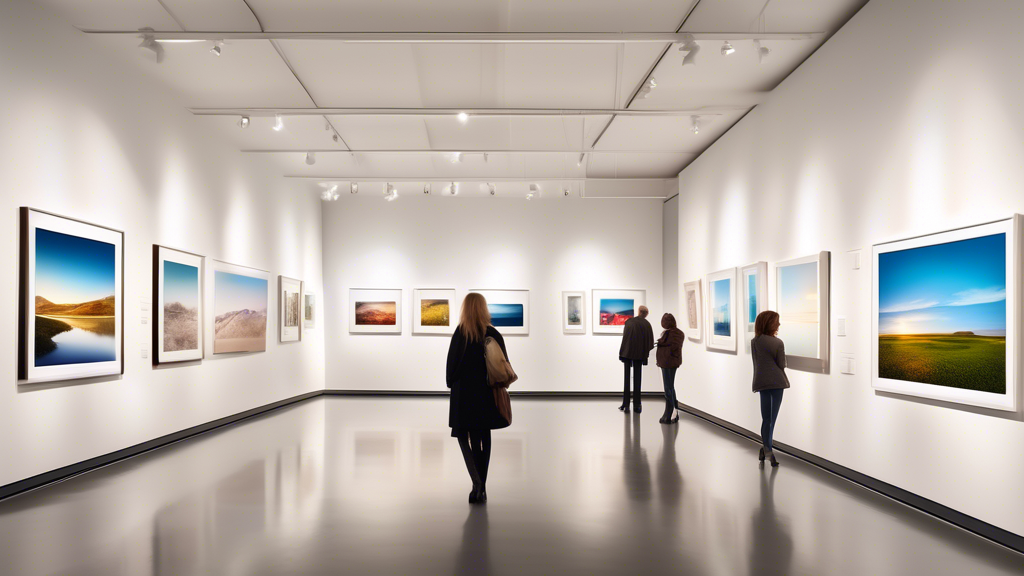 An elegant fine art gallery displaying a diverse collection of stunning landscape photographs from around the world, with visitors admiring the framed photos hung on pristine white walls, elegantly li