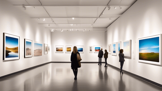 An elegant fine art gallery displaying a diverse collection of stunning landscape photographs from around the world, with visitors admiring the framed photos hung on pristine white walls, elegantly li