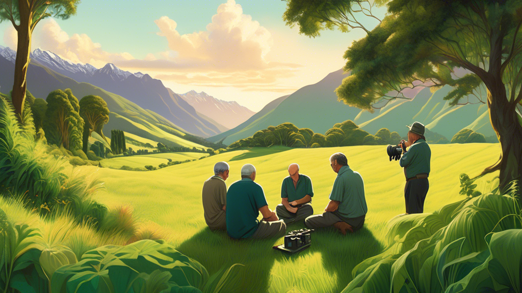 A serene panorama of Stephen Milner teaching a small group of photographers in the lush, green valleys of New Zealand, with majestic mountains in the background and gentle morning light illuminating t