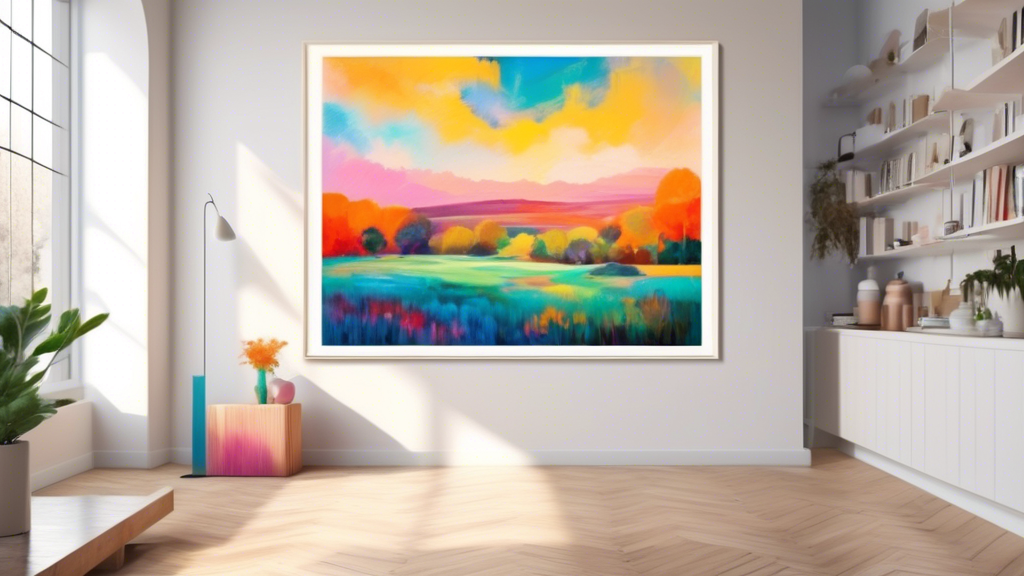 Show a serene landscape gallery with various fine art prints on the walls, showcasing a range of styles from impressionist to modern, set in a brightly lit space with viewers admiring the artwork.