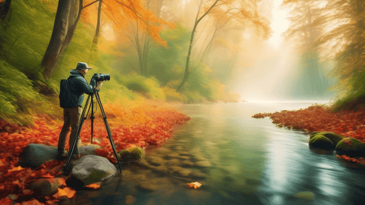 A skilled photographer in a misty, lush green forest capturing the dynamic flow of a crystal-clear river, with a tripod-mounted camera set for a long exposure, surrounded by vibrant autumn leaves and 